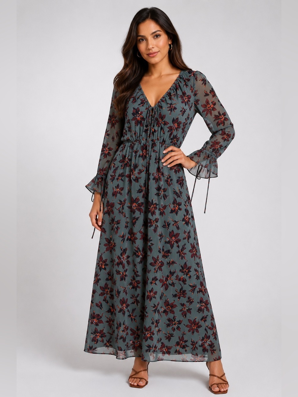 Madewell Green Floral Winter Orchid Willowleaf Tie Sleeves Maxi Dress 10